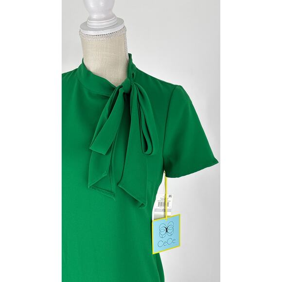 CeCe Womens A Line Short Sleeve Bow Neck Ruffle Hem Dress Size 0 Lush Green New - Picture 3 of 10